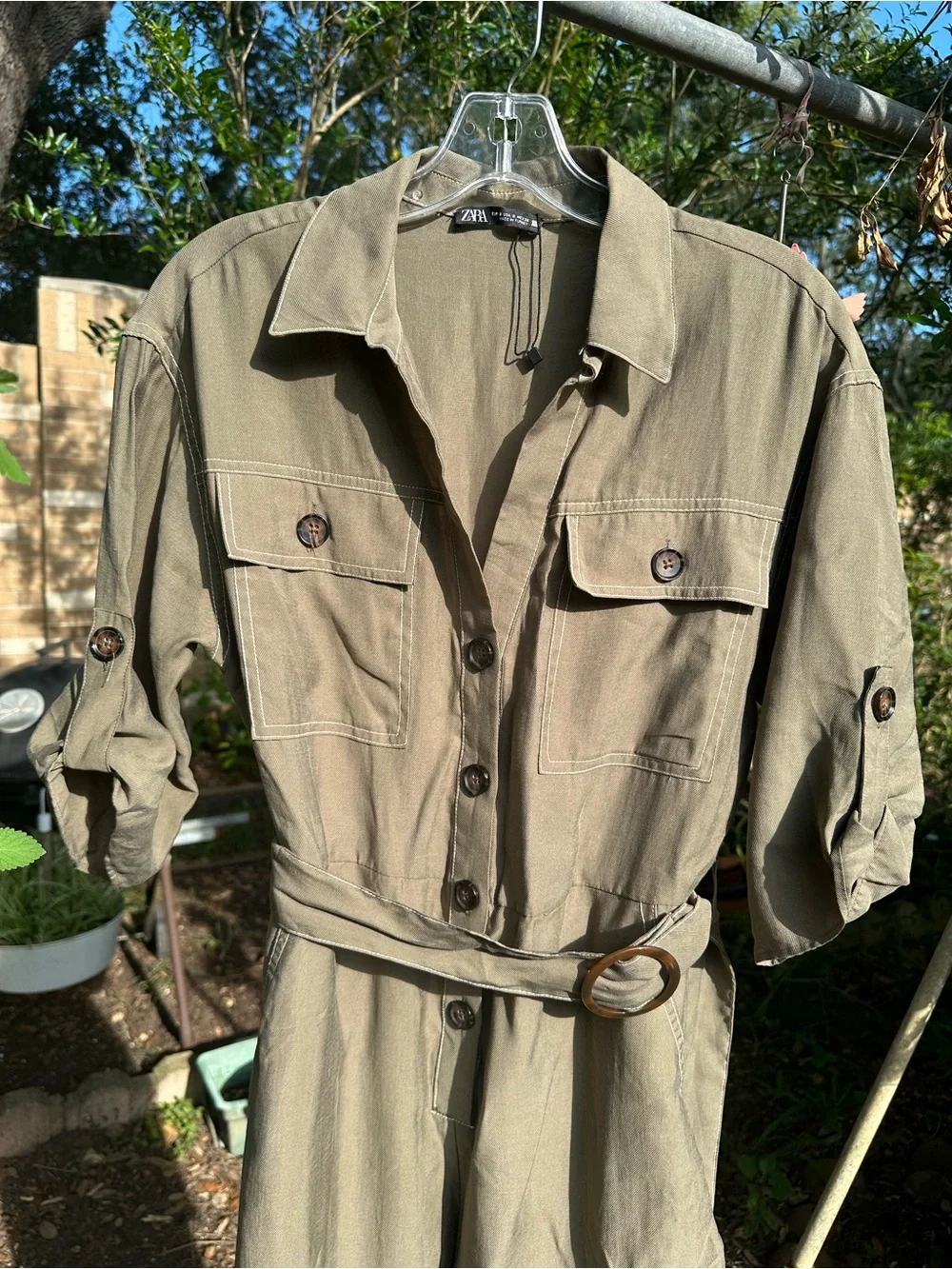 NWOT Zara Utility Jumpsuit Small S Olive Green Belted Safari Cargo Romper